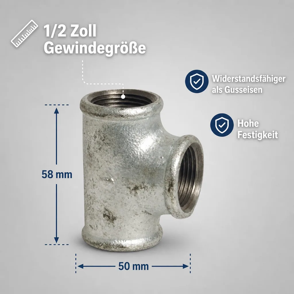 T Stück Temperguss, Gewindefitting 1/2 Zoll