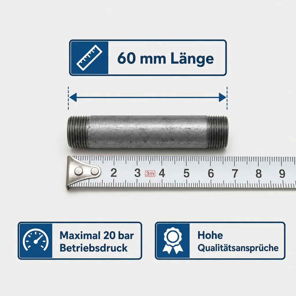 Rohrnippel verzinkt, Gewindefitting Stahl, 1 Zoll AG x 1 Zoll AG, 60 mm