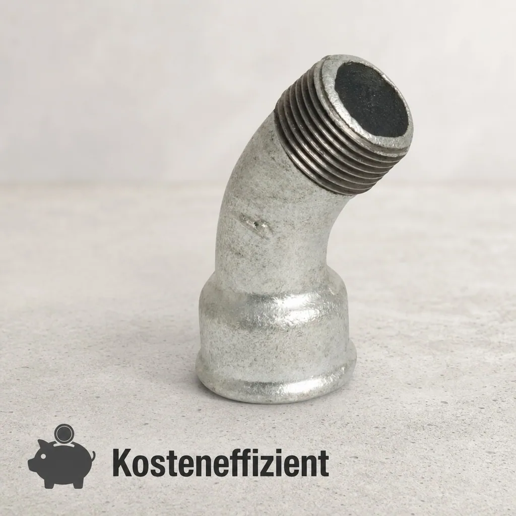 Gewindefitting Temperguss, Bogen 45° 1/4 Zoll, verzinkt
