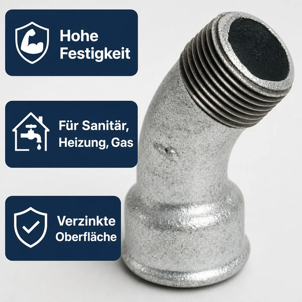 Gewindefitting Temperguss, Bogen 45° 1/4 Zoll, verzinkt