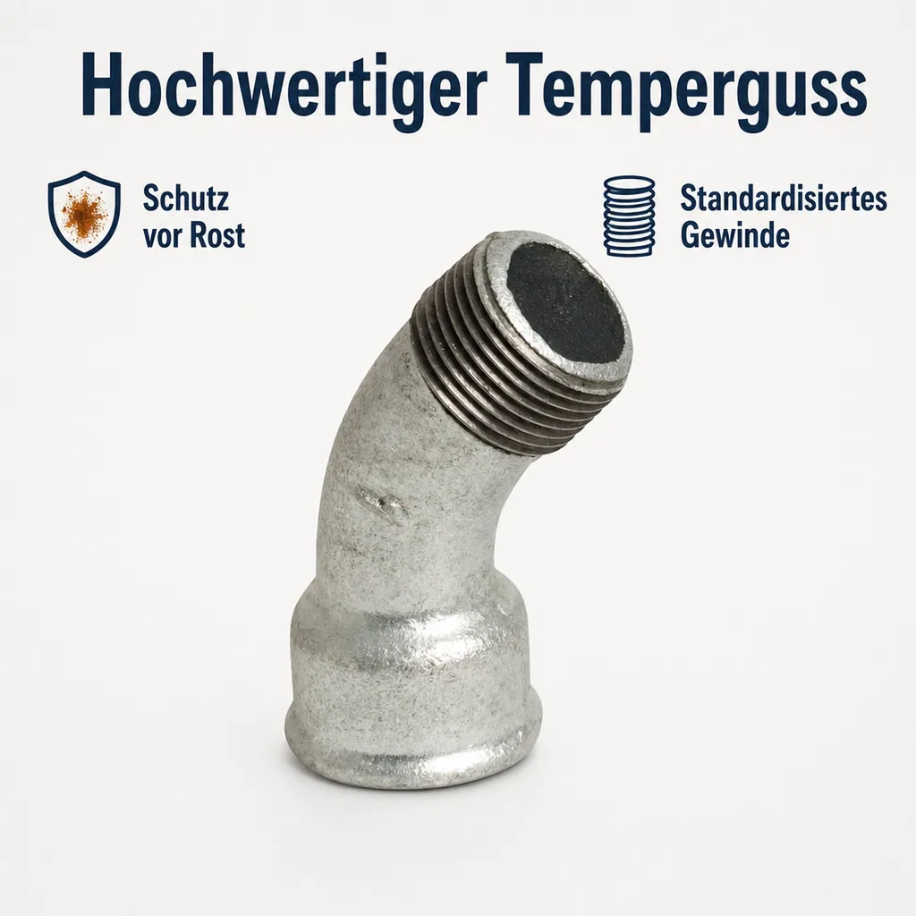 Gewindefitting Temperguss, Bogen 45° 1/4 Zoll, verzinkt