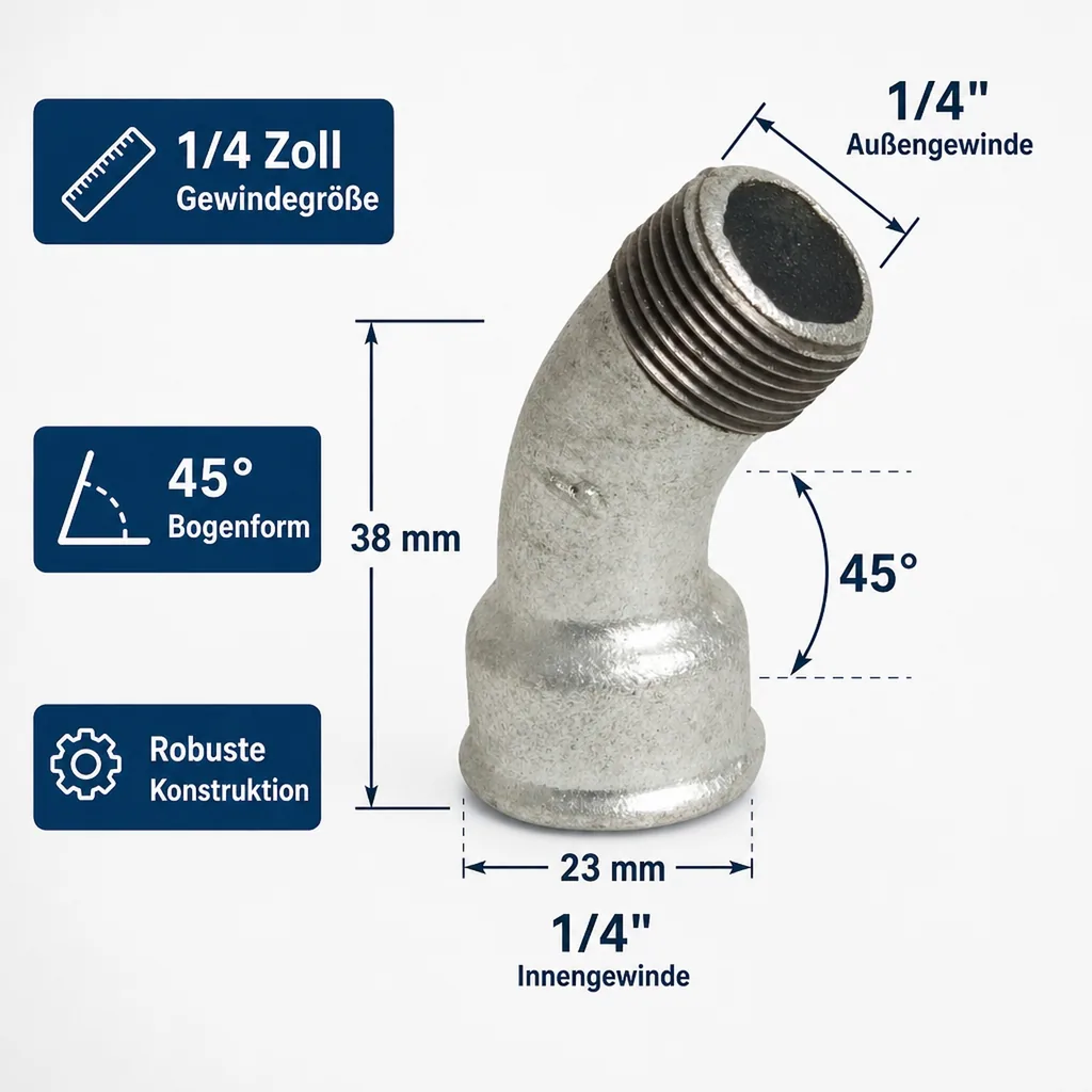 Gewindefitting Temperguss, Bogen 45° 1/4 Zoll, verzinkt