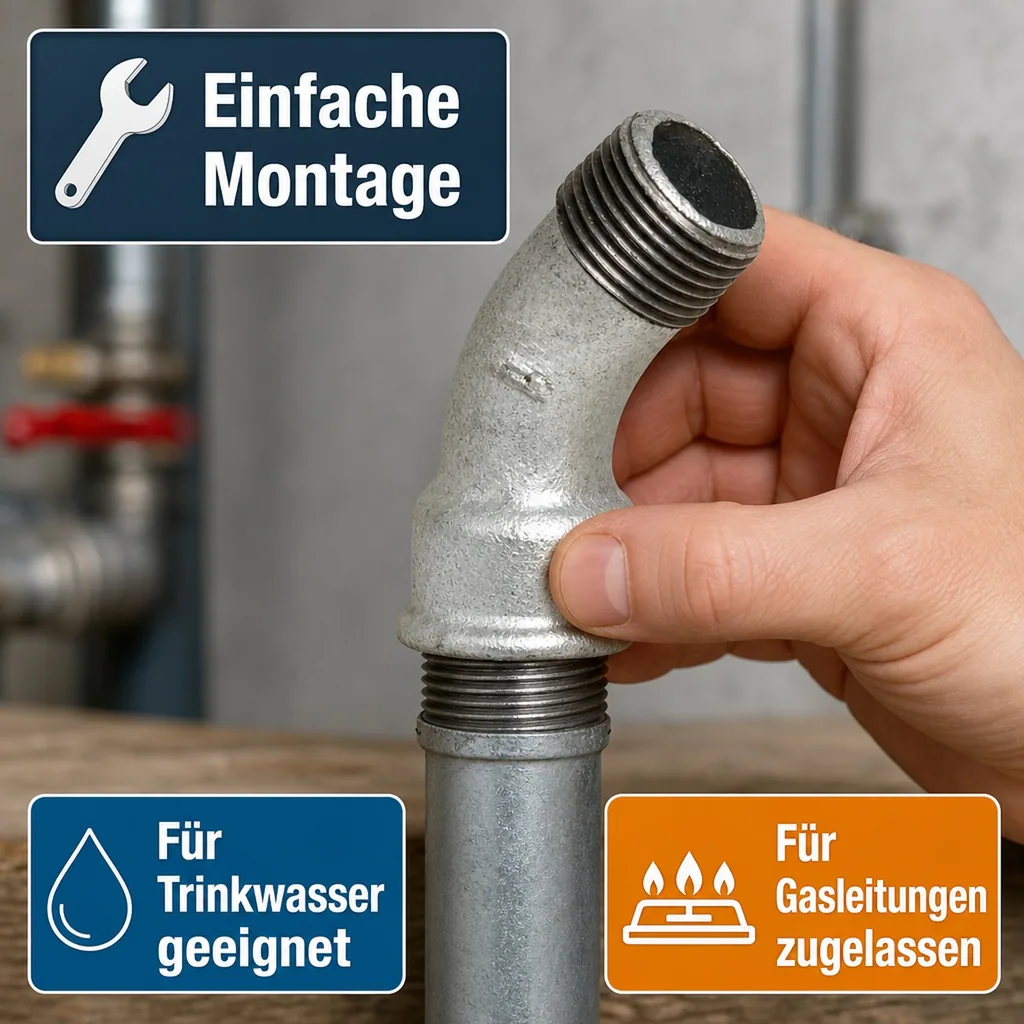 Gewindefitting Temperguss, Bogen 45° 1/4 Zoll, verzinkt