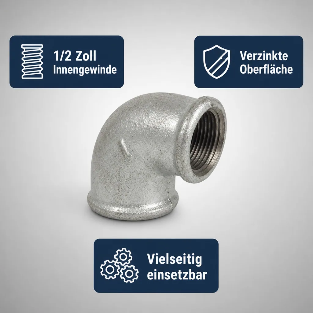 1 2 zoll Fitting, Temperguss Winkel 90 Grad, Gewindefitting