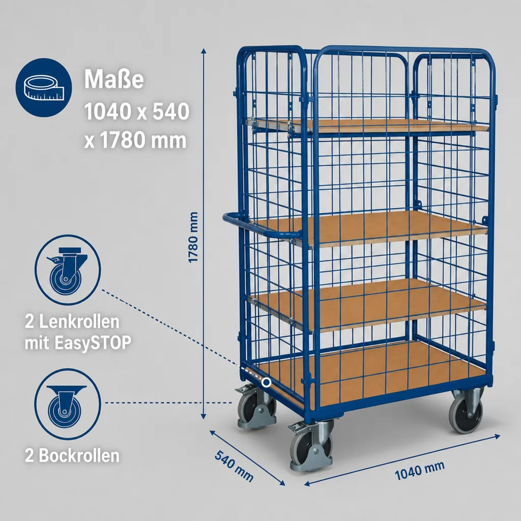 Vierwandwagen, Transportwagen hoch, mit 3 Böden, EasySTOP