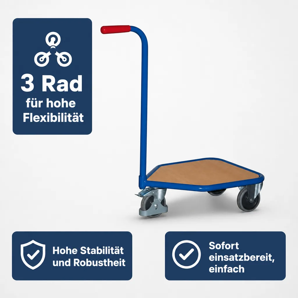Griffroller, 3 Rad, Holz-Ladefläche, Transportroller klein, 150 kg Traglast