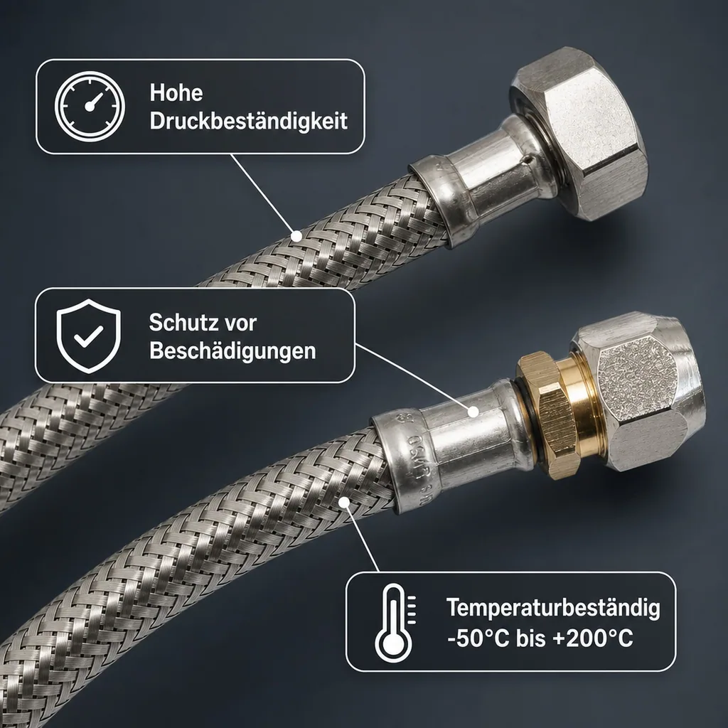 Panzerschlauch, Edelstahl, DN8, 2000mm, Flexschlauch Trinkwasser, DVGW