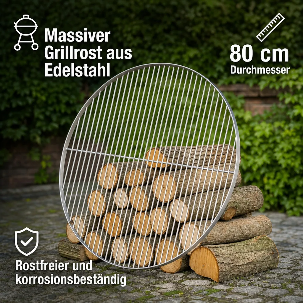 Grillrost Edelstahl 80 cm, Rund, für Grill, Dreibein