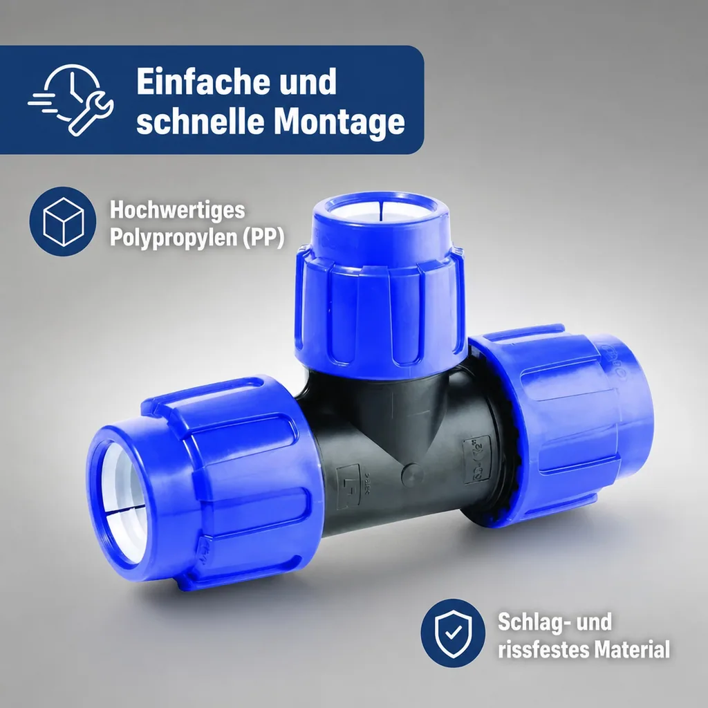 PP PE Rohr Verschraubung T-Stück reduziert 20 x 16 x 20, Klemmverbinder