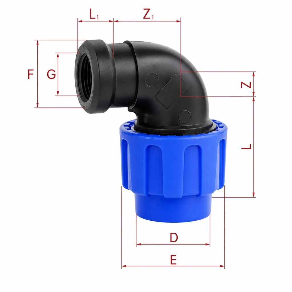 PE Rohr Verschraubung, PP Winkel Verschraubung 90°, 40mm x 1" IG
