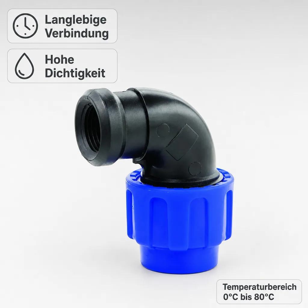 PE Rohr Verschraubung, PP Winkel Verschraubung 90°, 40mm x 1" IG