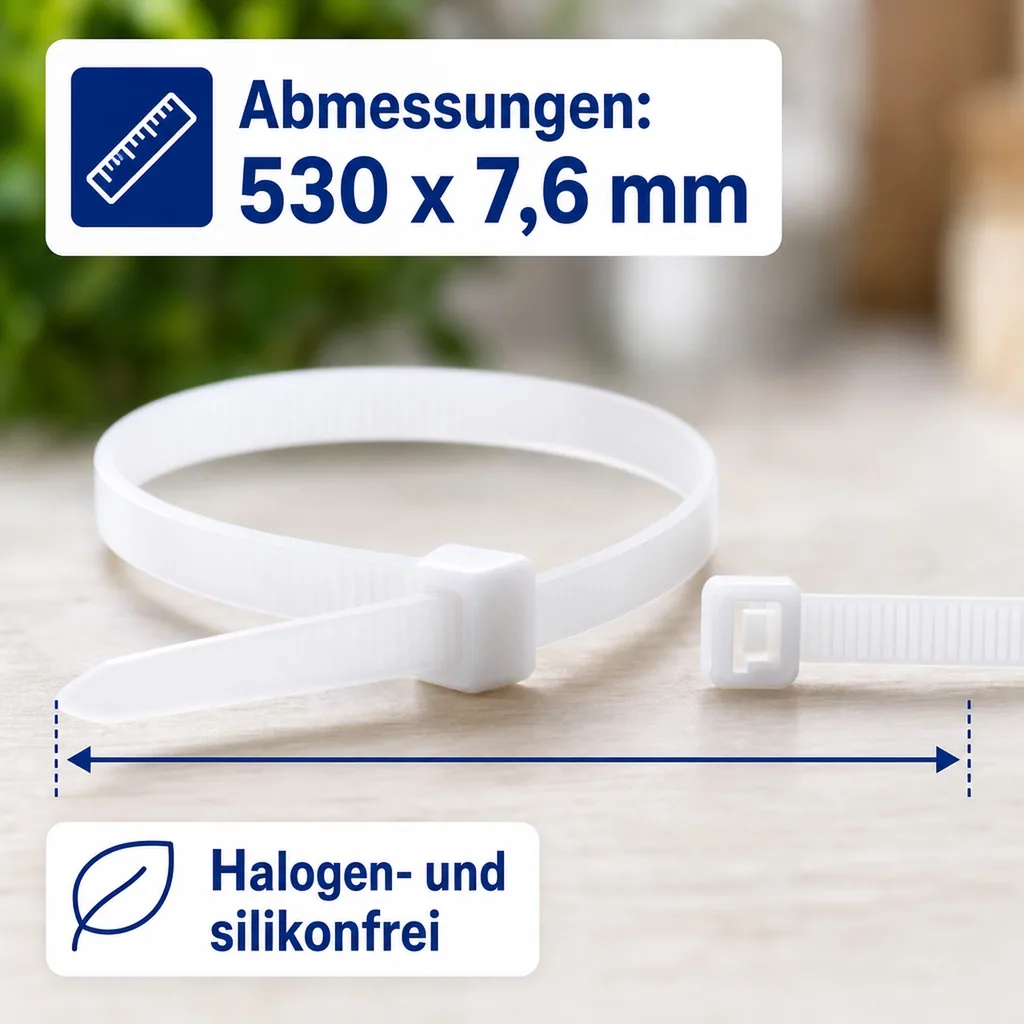 Kabelbinder, 100 Stk 530x7,6mm, natur, weiße Kabelbinder, PA6.6