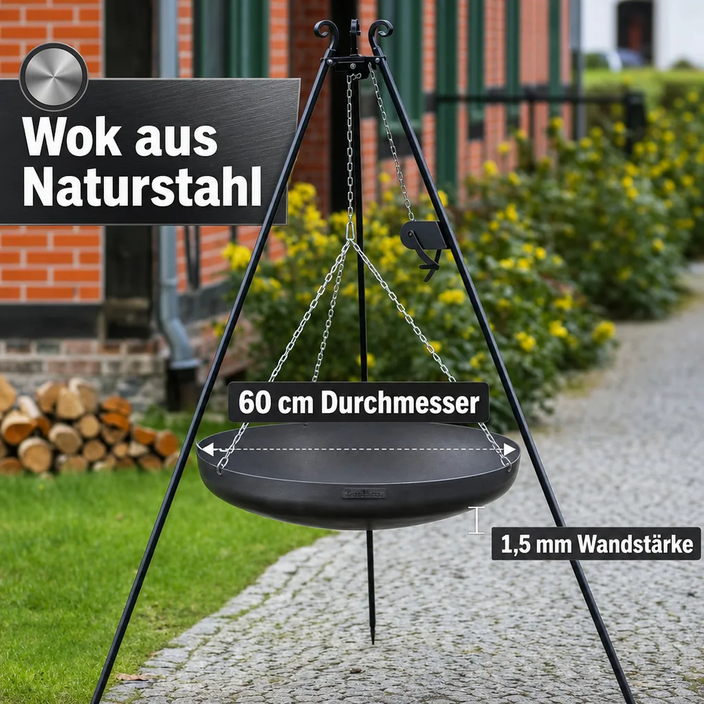 Wok - Pfanne aus Naturstahl 60 cm