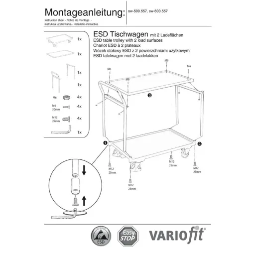 ESD Tischwagen, 2 Ladeflächen, Typ L, EasySTOP, Werkstattwagen ESD