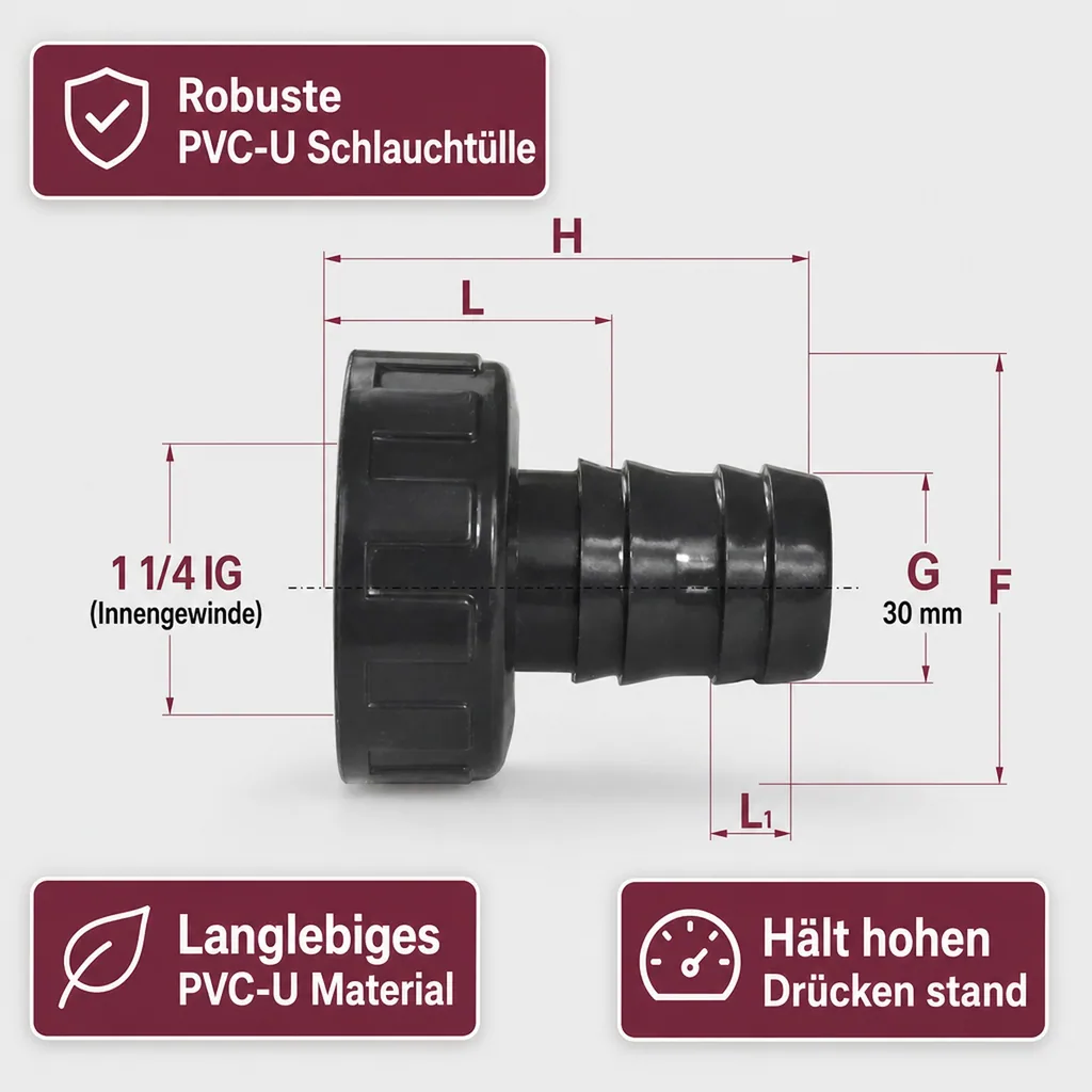 PVC Schlauchtülle, Überwurfmutter, 1 1/4 IG x 30 mm, PVC-U, chemikalienbeständig
