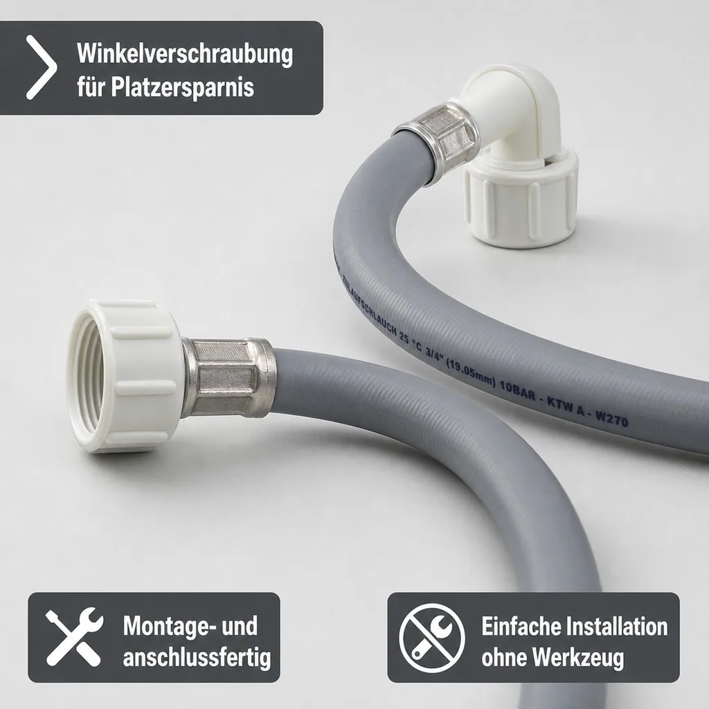 Zulaufschlauch Waschmaschine, Spülmaschine, Winkel 3/4 Zoll IG+IG, 2,50 Meter