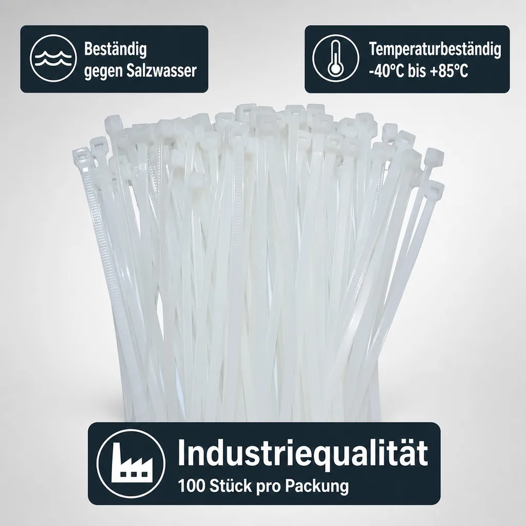 Kabelbinder, 100 Stück, 200x3,6mm, natur, PA6.6, industrie qualität
