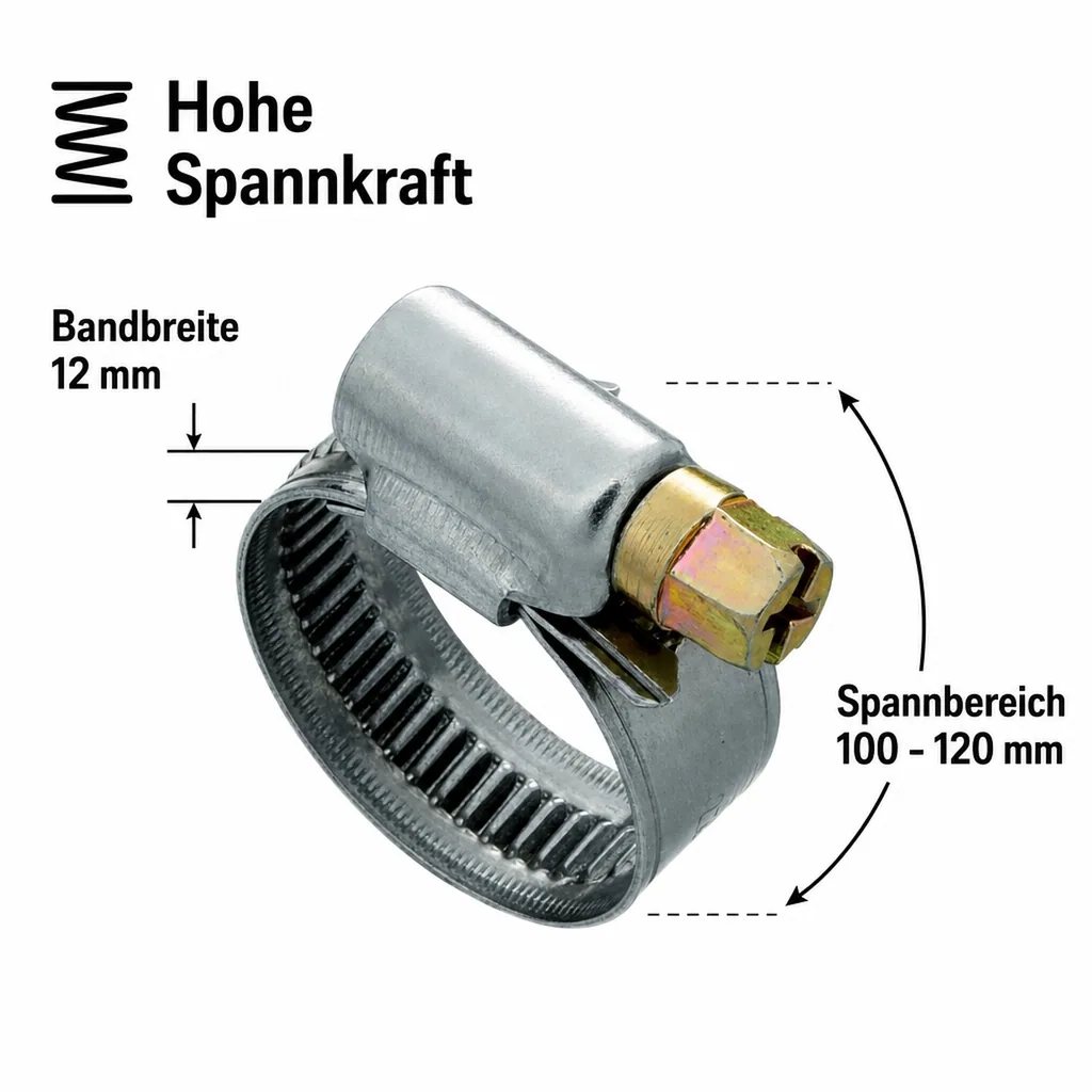 Schlauchschellen, Edelstahl, W2, 12mm, 100-120mm