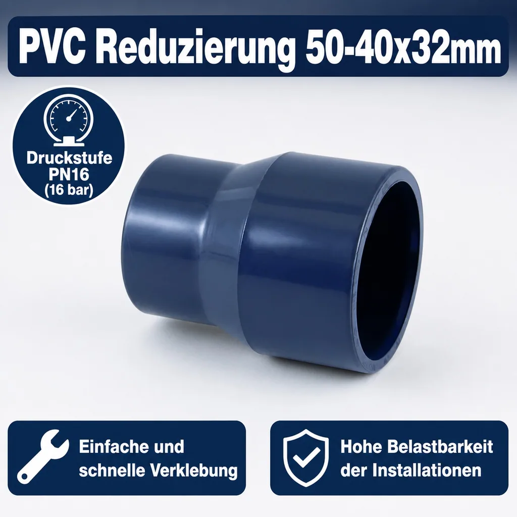 PVC Reduzierung 50-40x32mm, PN16, Hart PVC Klebefitting