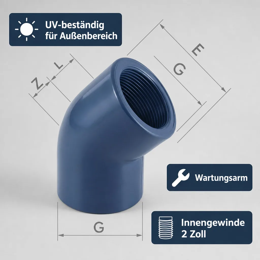 PVC Winkel, 45 Grad, PVC Fitting, IG 2 Zoll, PN10