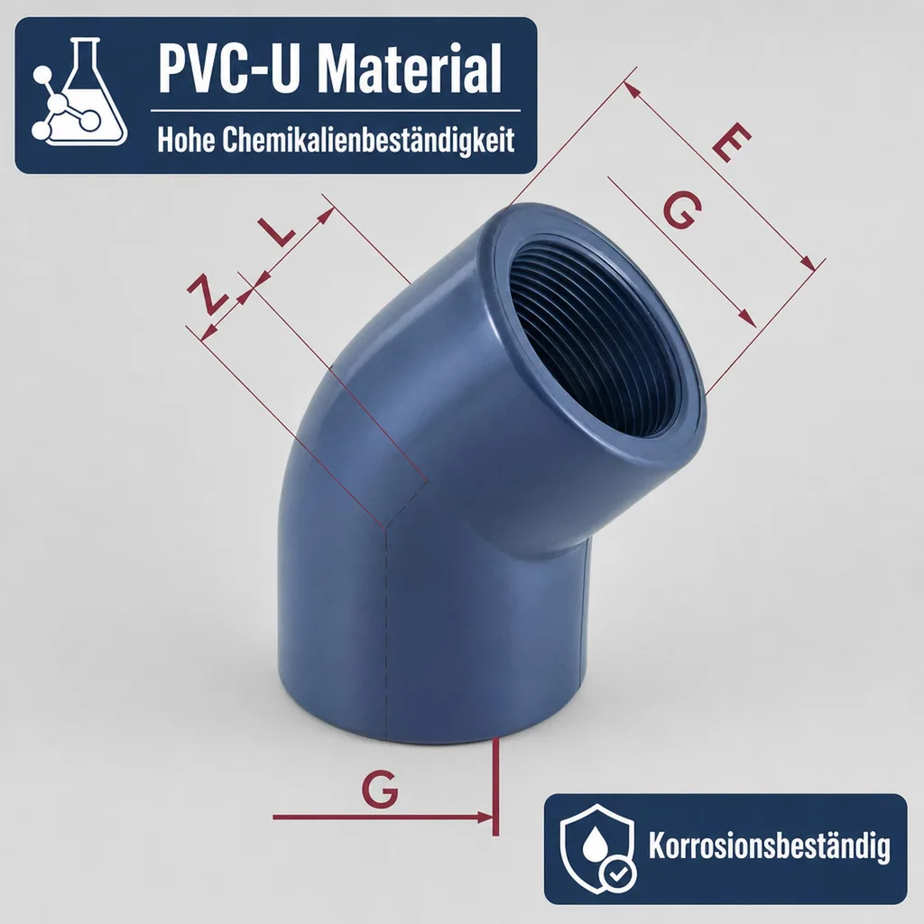 PVC Winkel, 45 Grad, PVC Fitting, IG 2 Zoll, PN10