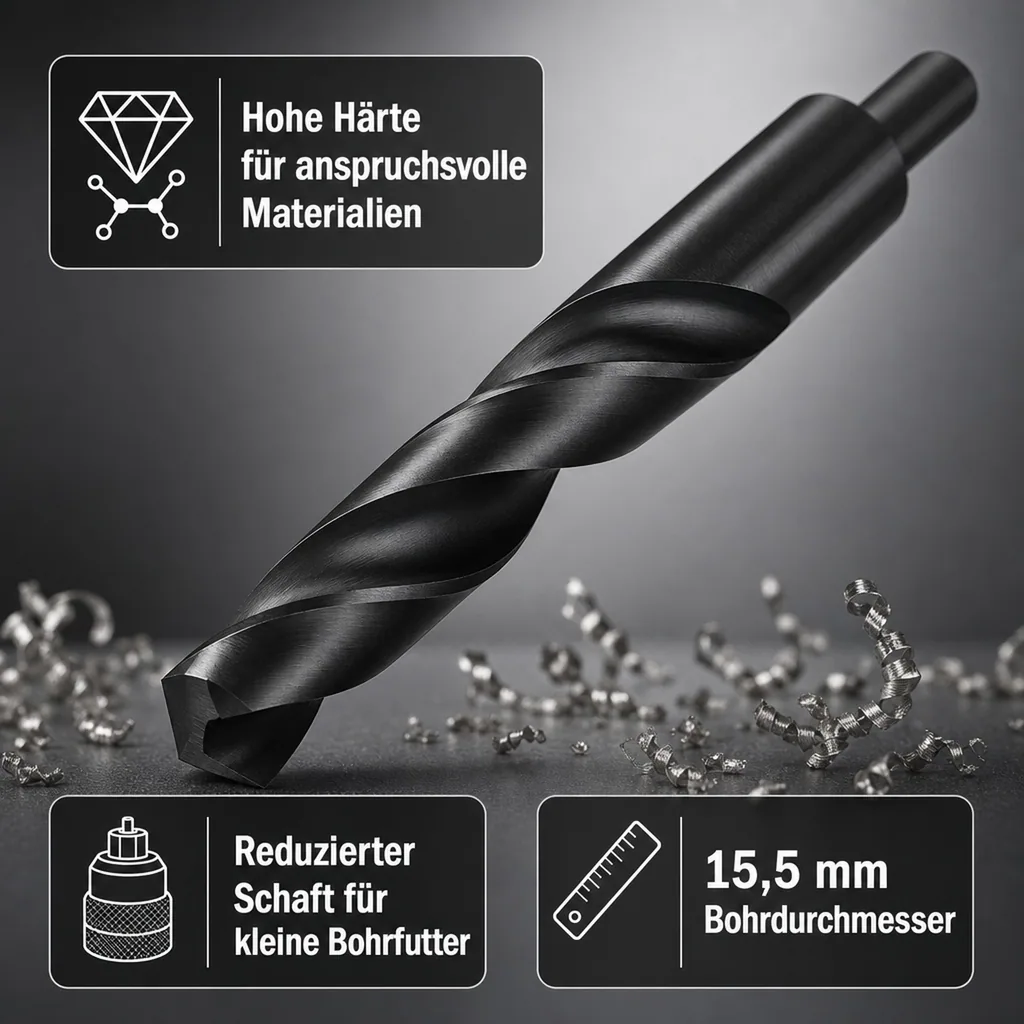 Spiralbohrer, HSS Bohrer DIN 338, 15,5mm, reduzierter Schaft
