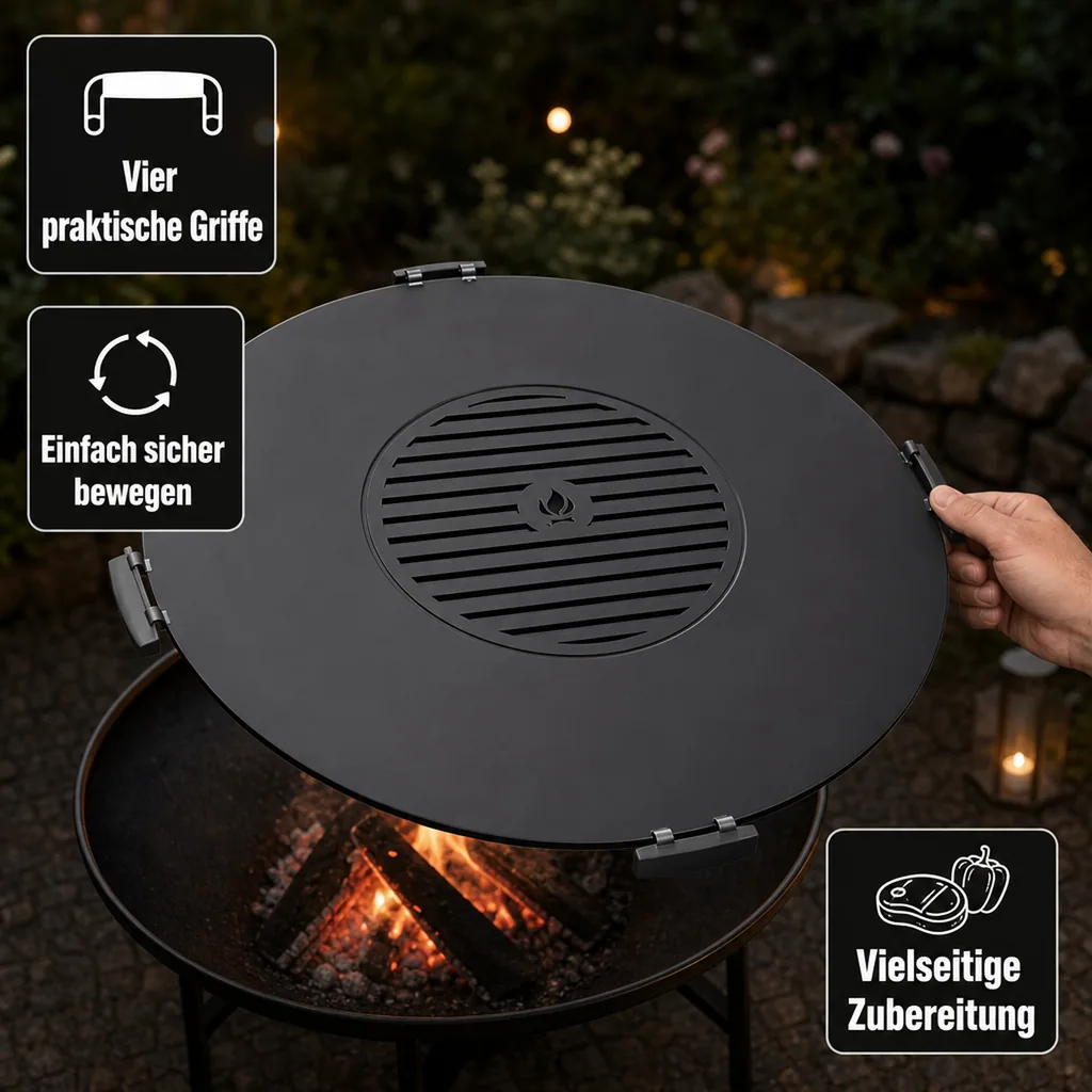 Feuerschale Grillplatte, Grillrost 50cm, 102cm, Naturstahl, 4 Griffe