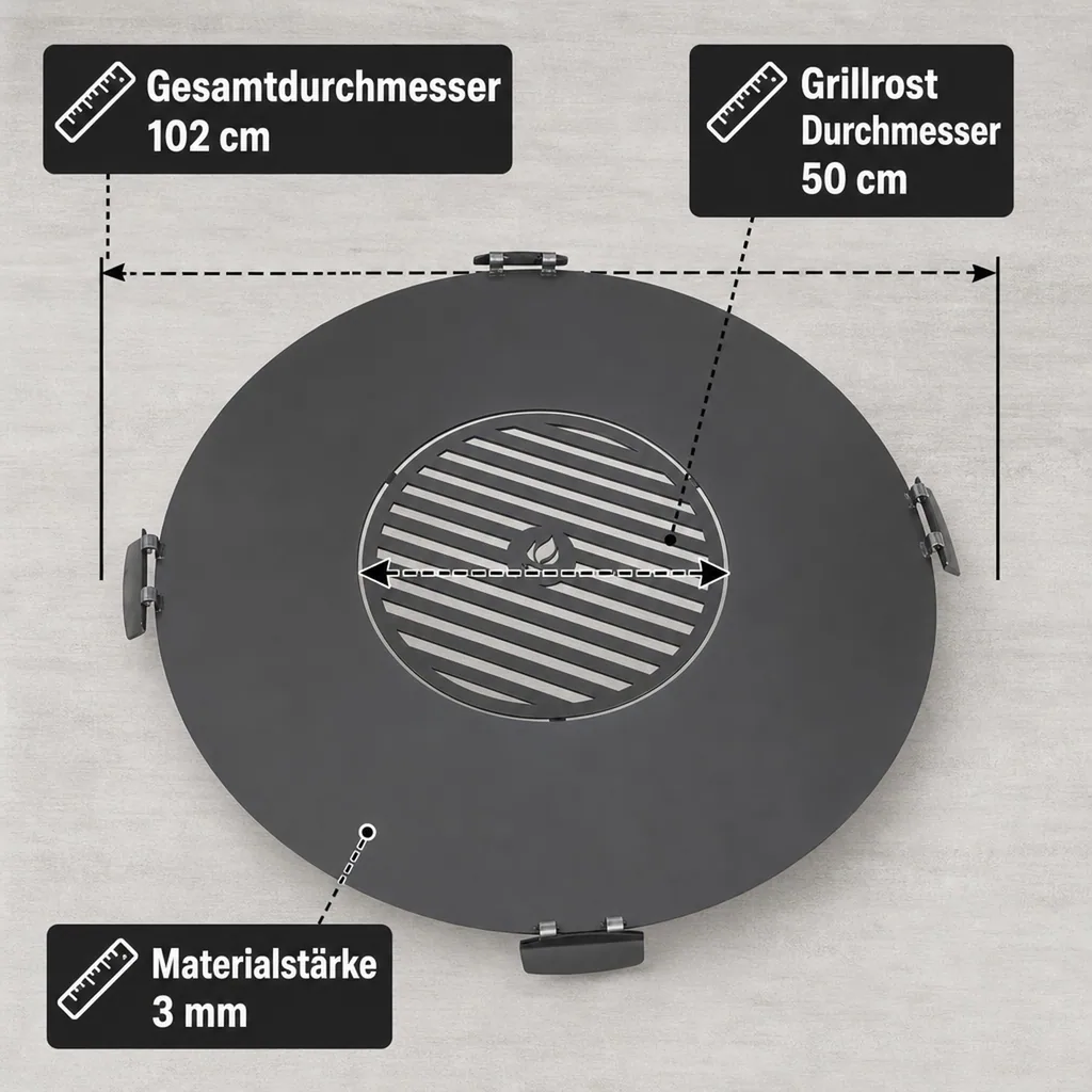 Feuerschale Grillplatte, Grillrost 50cm, 102cm, Naturstahl, 4 Griffe