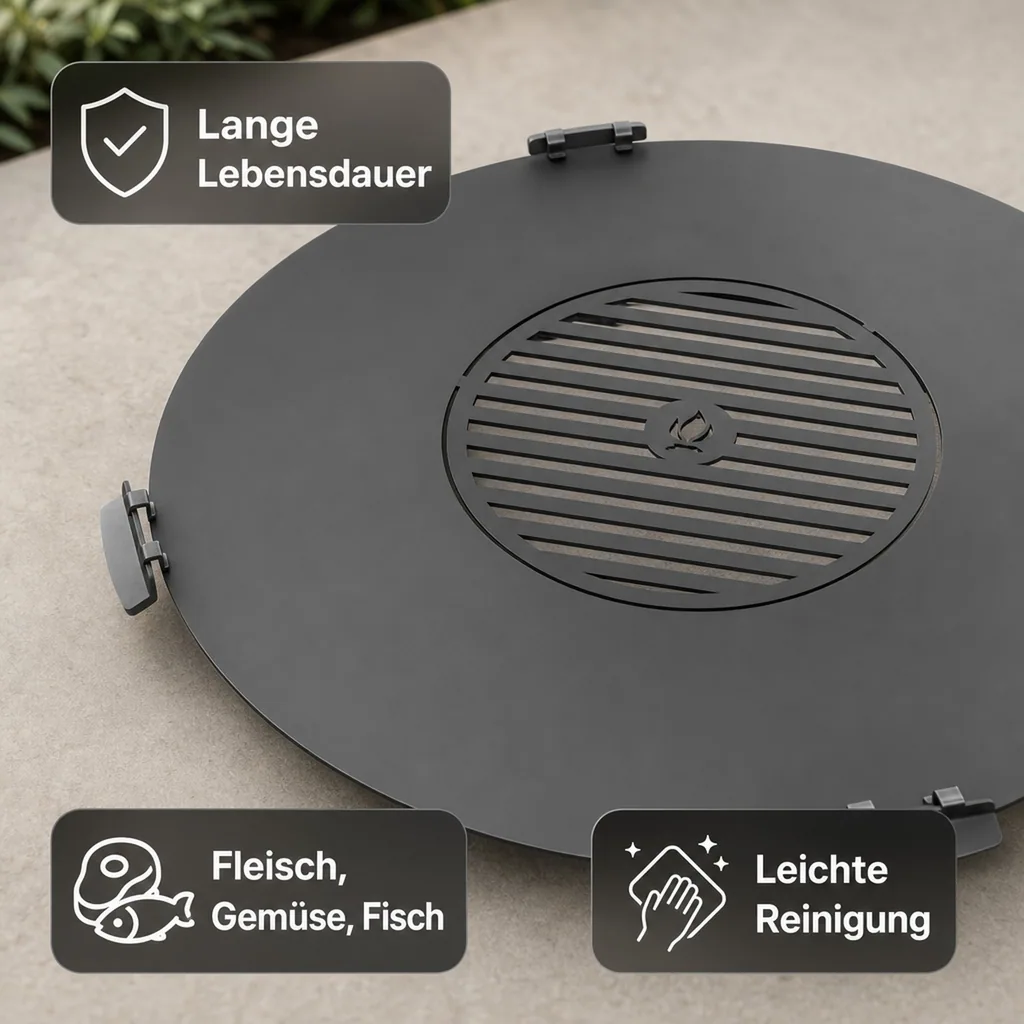 Feuerschale Grillplatte, Grillrost 50cm, 102cm, Naturstahl, 4 Griffe