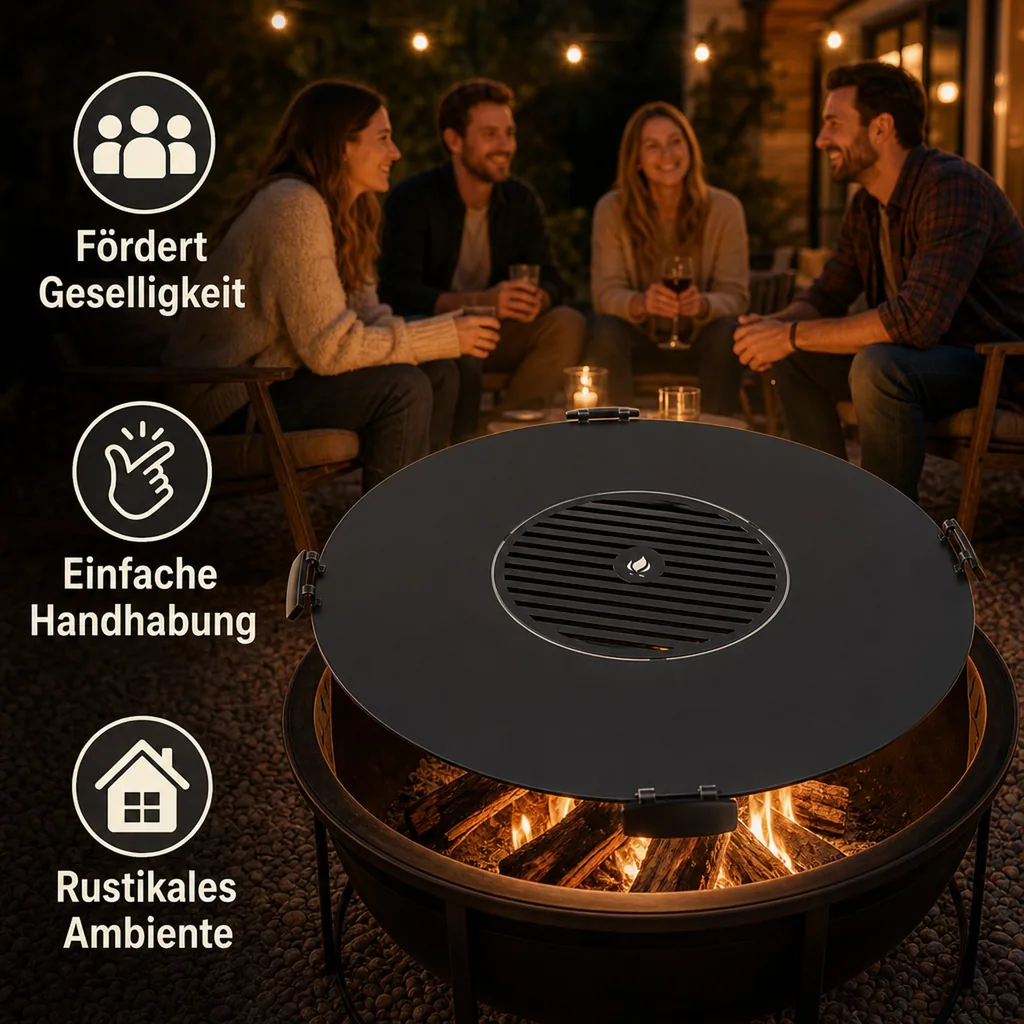 Feuerschale Grillplatte, Grillrost 50cm, 102cm, Naturstahl, 4 Griffe