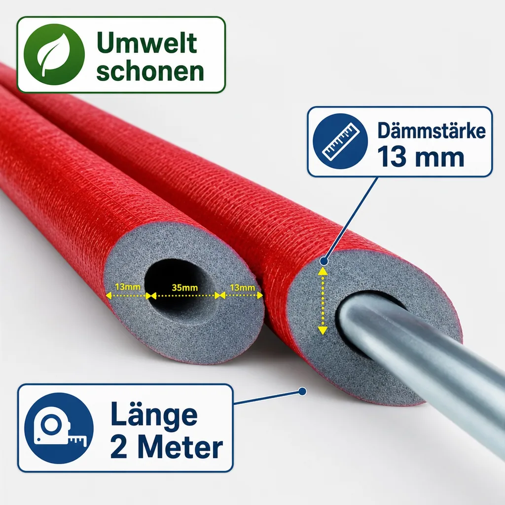 Rohrisolierung 35mm, Heizungsrohr Isolierung, 2m, 13mm grau