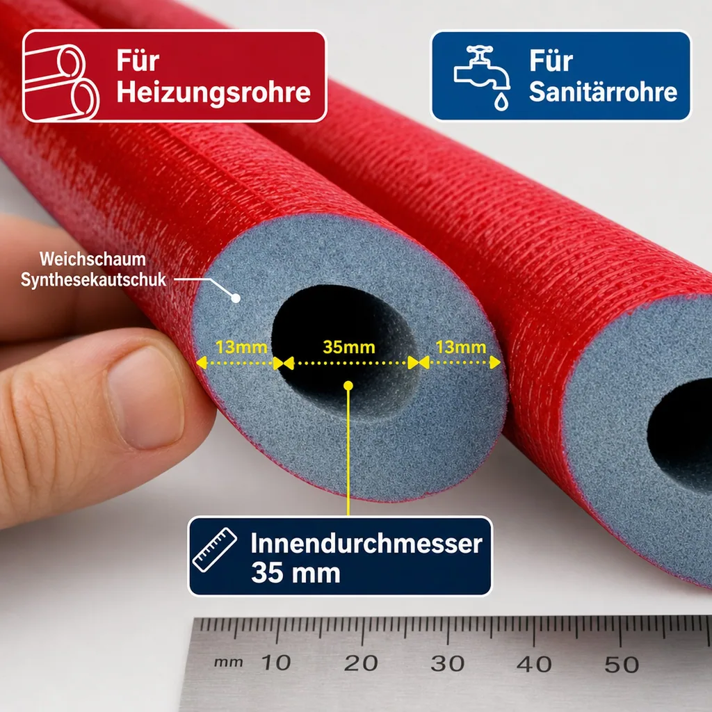 Rohrisolierung 35mm, Heizungsrohr Isolierung, 2m, 13mm grau