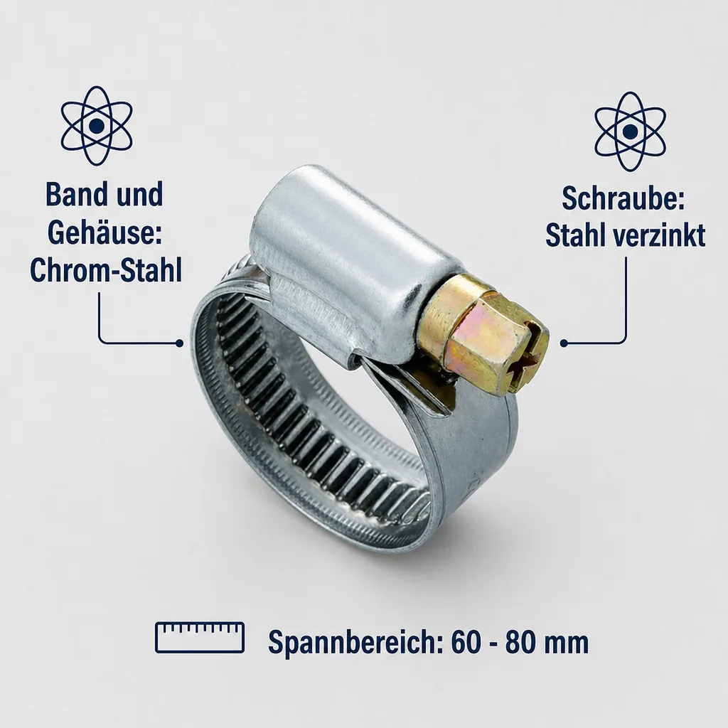Schlauchschellen, Edelstahl, W2, 9 mm, 60-80 mm, korrosionsbeständig