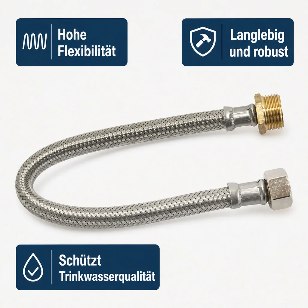 Panzerschlauch 1/2 Zoll, Edelstahl, 50cm, DVGW-geprüft