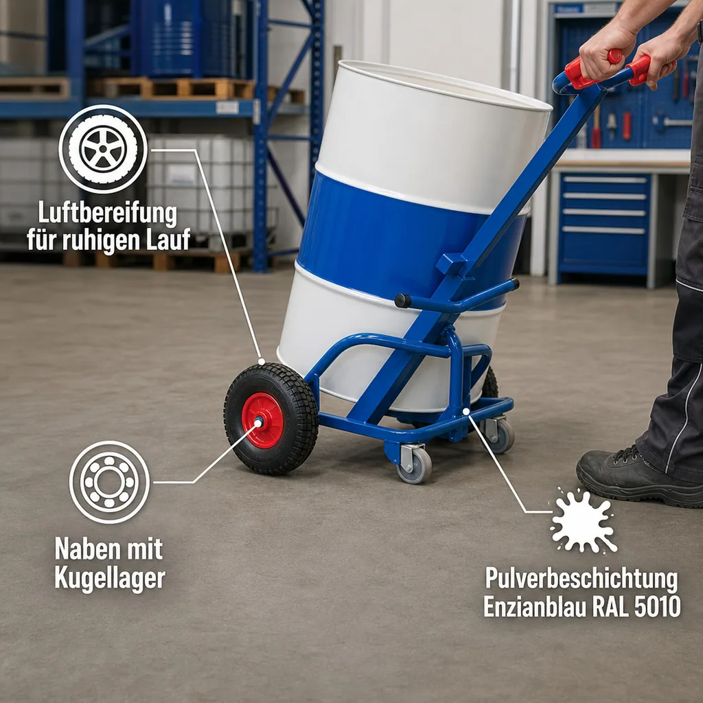 Fasskarre, 250 kg, für 200 Liter Fass, mit Luftbereifung