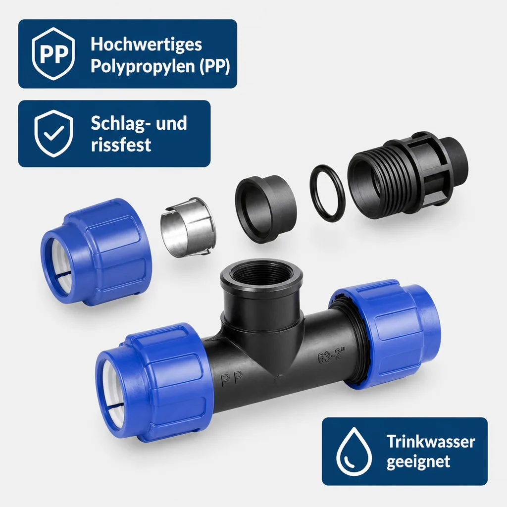 PE Rohr Verschraubung T-Stück 16mm, PP Verbinder, Klemmfitting