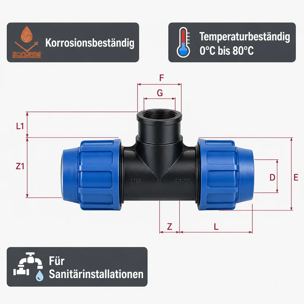 PE Rohr Verschraubung T-Stück 16mm, PP Verbinder, Klemmfitting