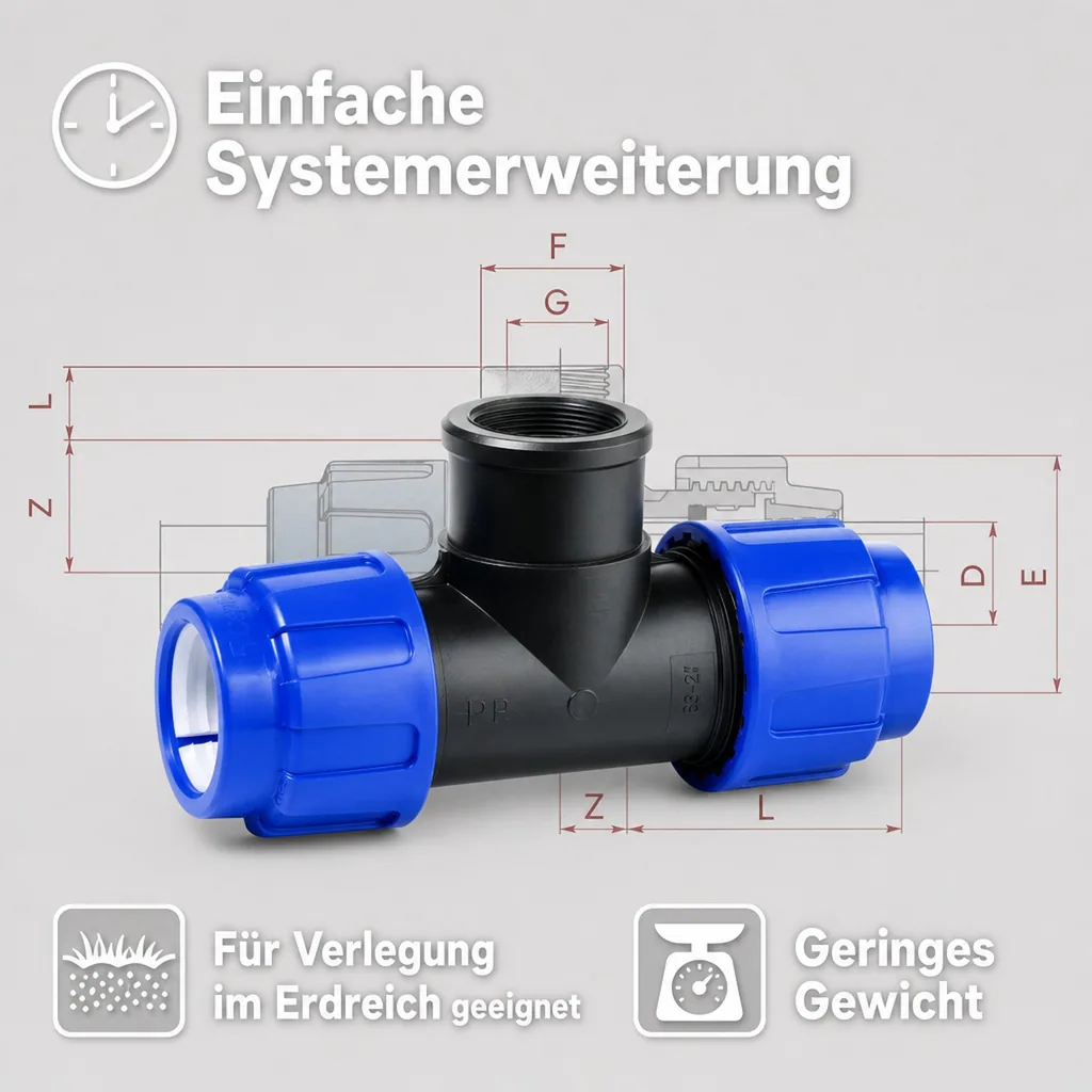 PE Rohr Verschraubung T-Stück 16mm, PP Verbinder, Klemmfitting