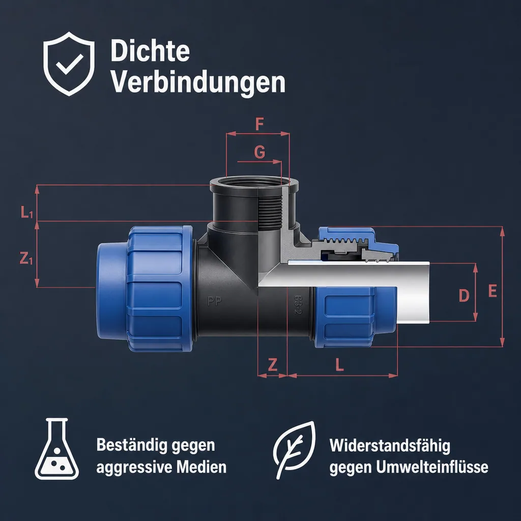 PE Rohr Verschraubung T-Stück 16mm, PP Verbinder, Klemmfitting