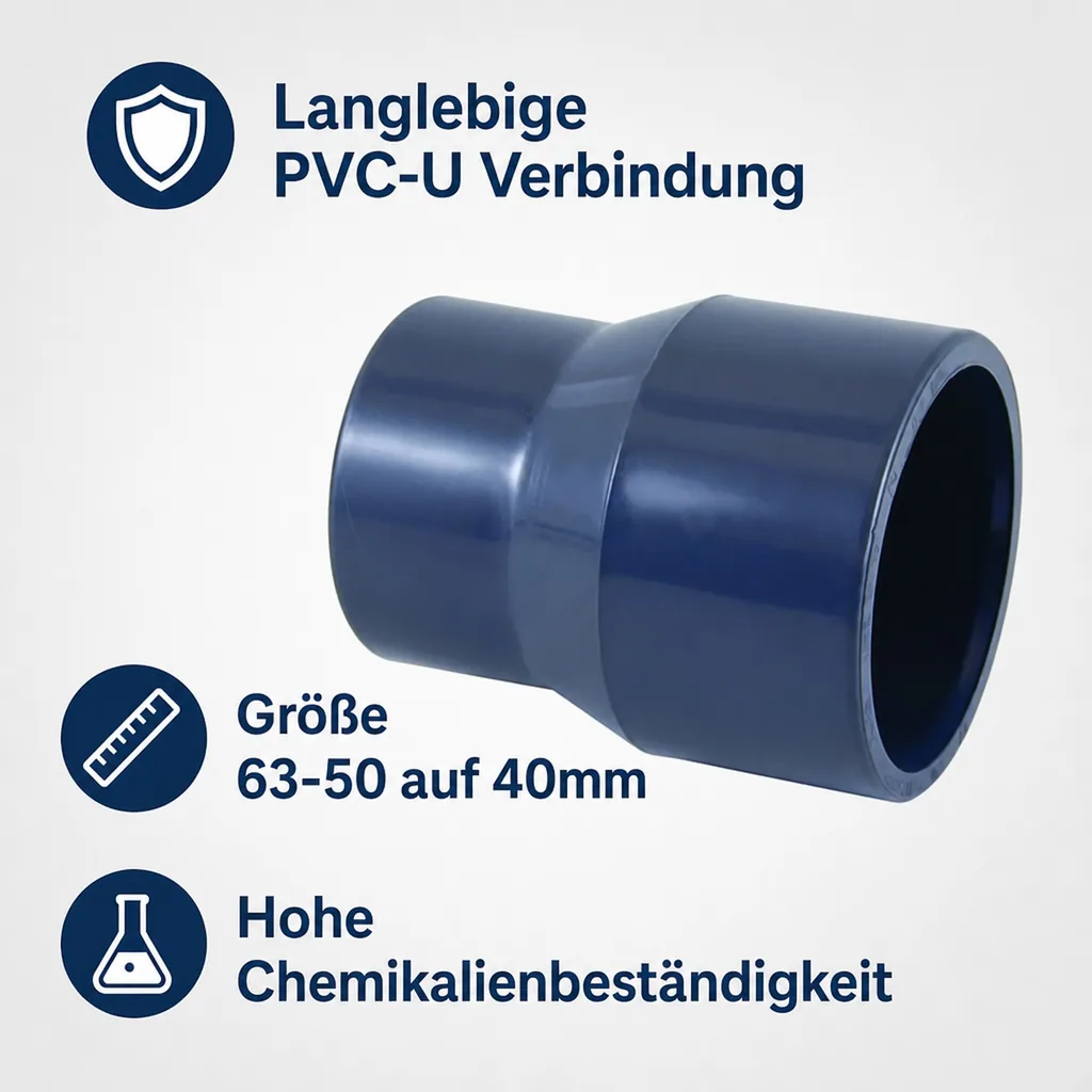 PVC Fitting Reduzierung lang, 63-50mm x 40mm, PN16