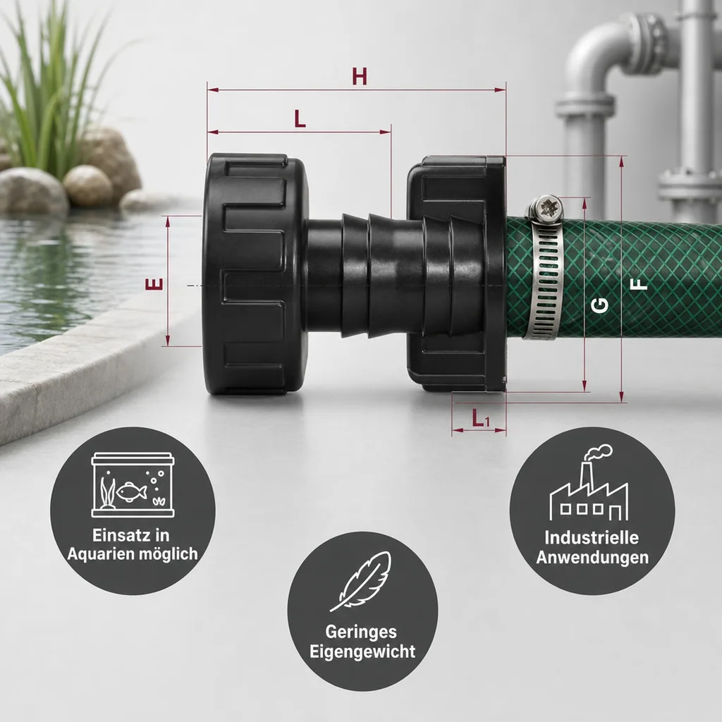 PVC Schlauchtülle 32mm, mit Überwurfmutter, Schlauchanschluss 1 1 2 zoll