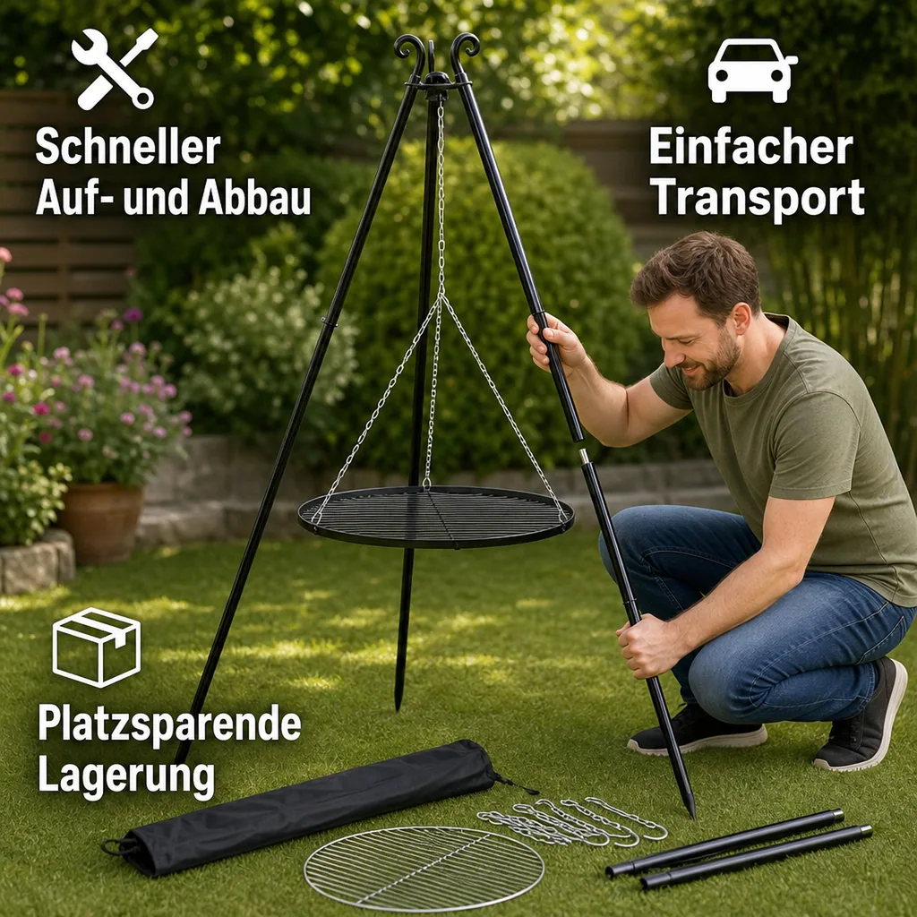 Schwenkgrill Set, Dreibein Grill 180cm, Grillrost 80cm