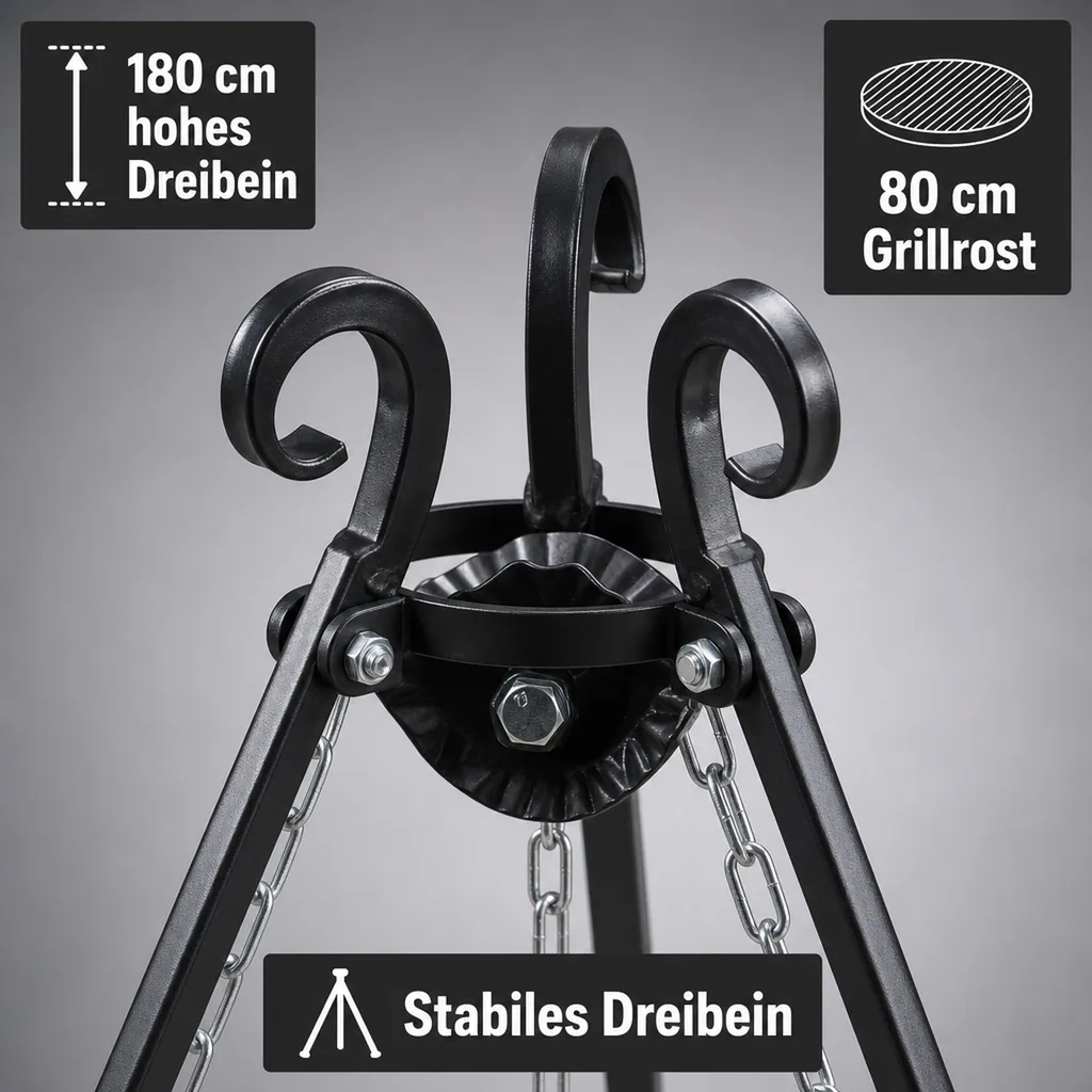 Schwenkgrill Set, Dreibein Grill 180cm, Grillrost 80cm