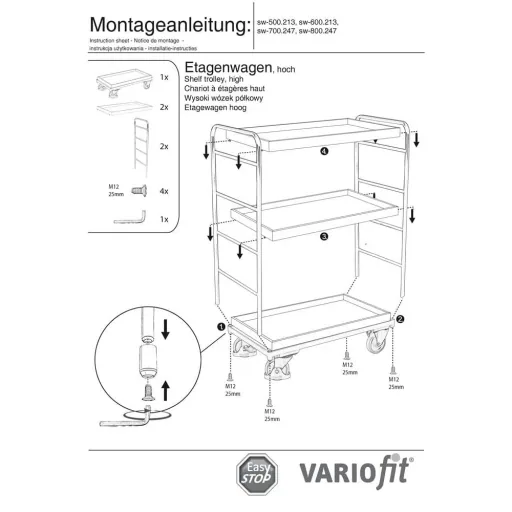 Etagenwagen hoch 3 Tabletts 250 kg Traglast Typ L + EasySTOP