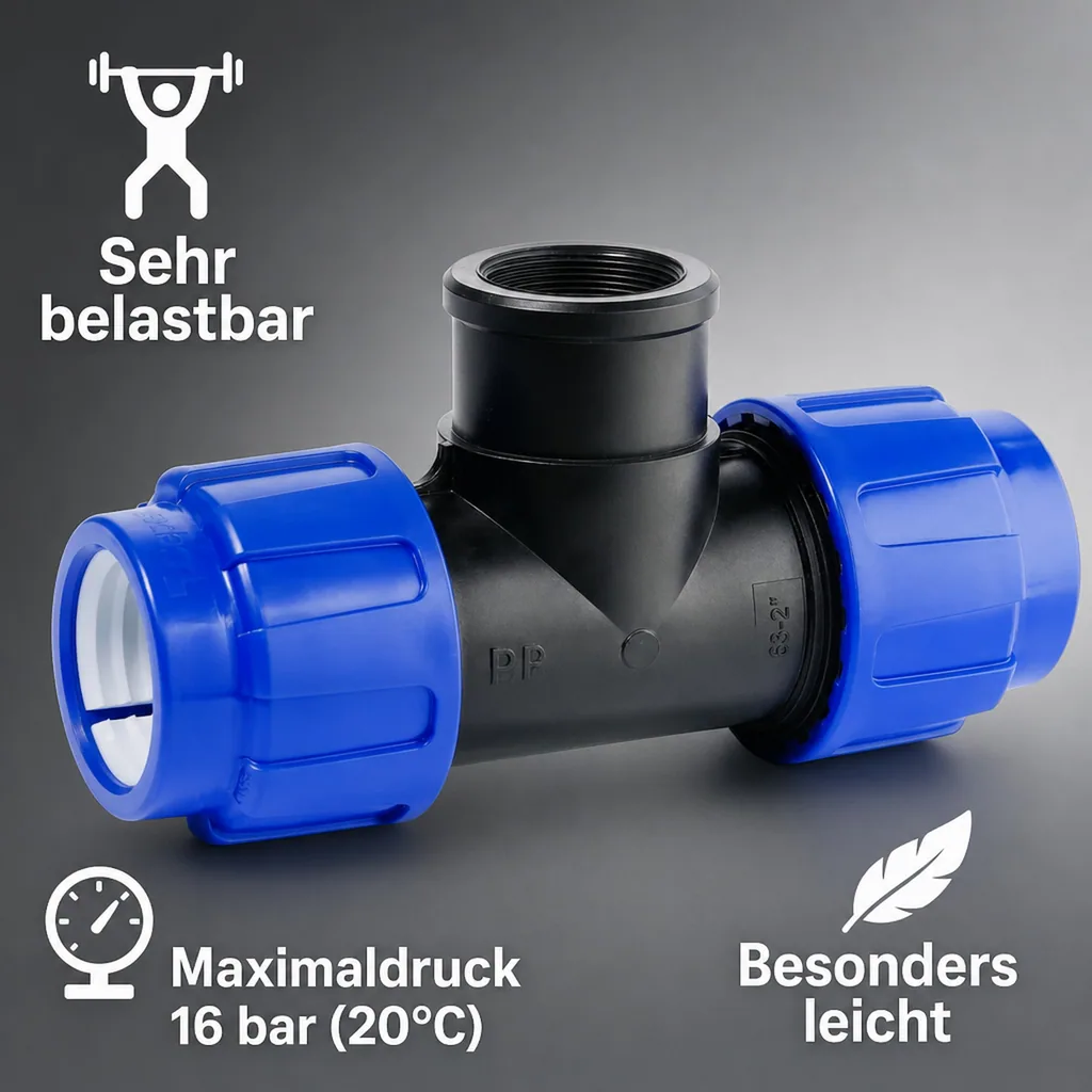 PP PE Rohr Verschraubung T-Stück 20 x 1/2" IG x 20