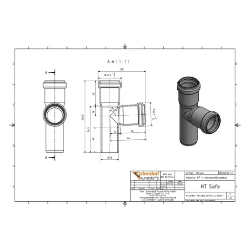 HT Rohr 32mm, HTsafe Abzweig, 87 Grad, Abwasserrohr HT, DN32