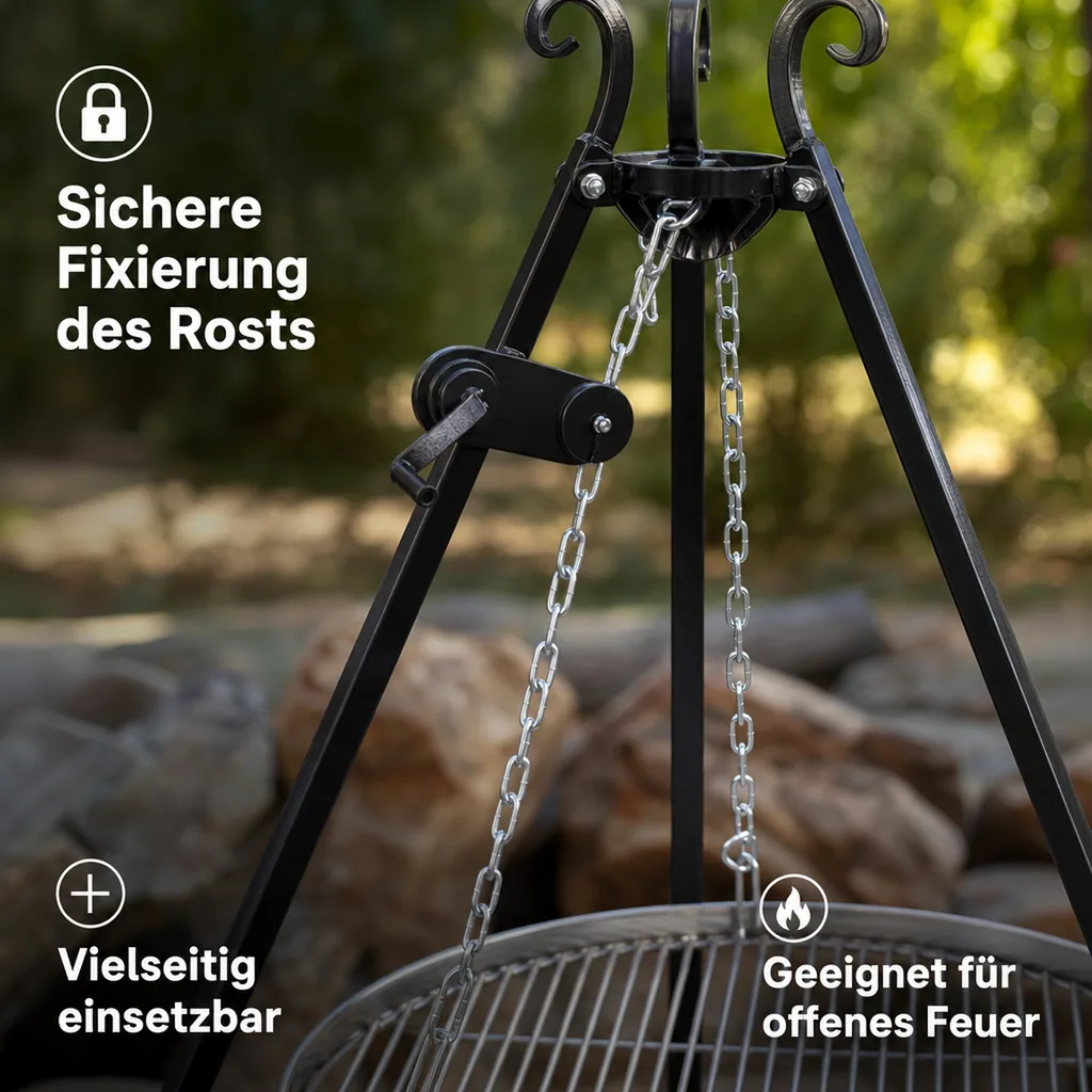 Schwenkgrill, Edelstahl Grillrost, 80 cm, mit Dreibein und Kurbel