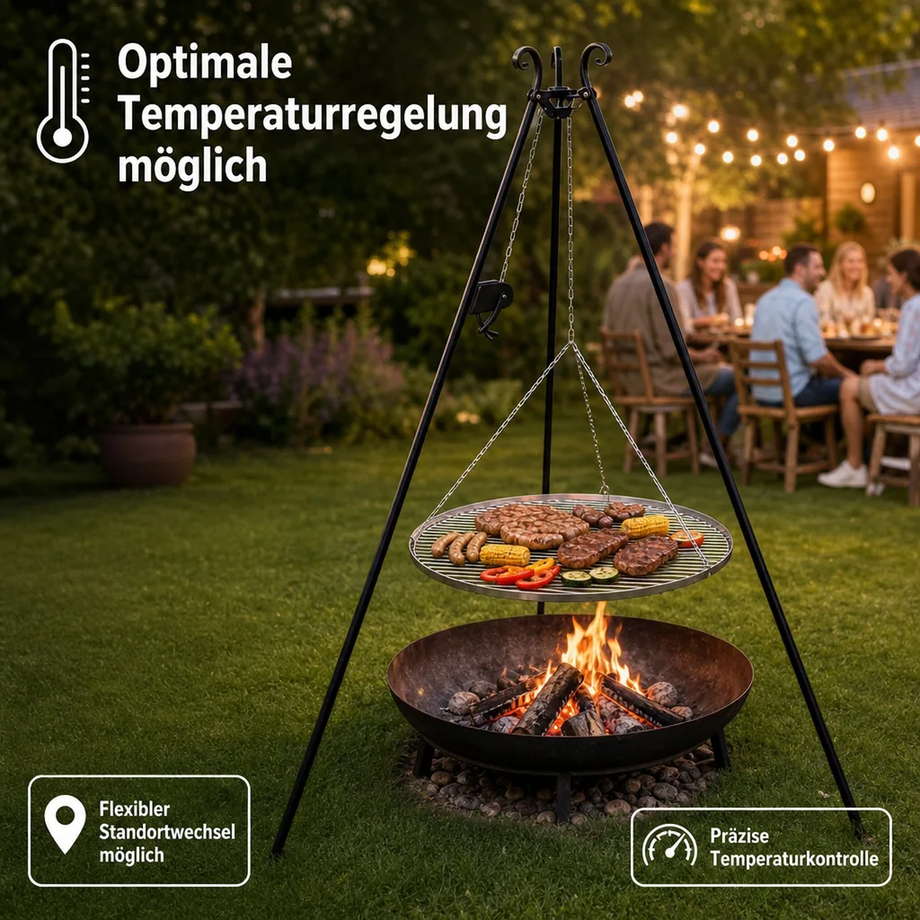 Schwenkgrill, Edelstahl Grillrost, 80 cm, mit Dreibein und Kurbel