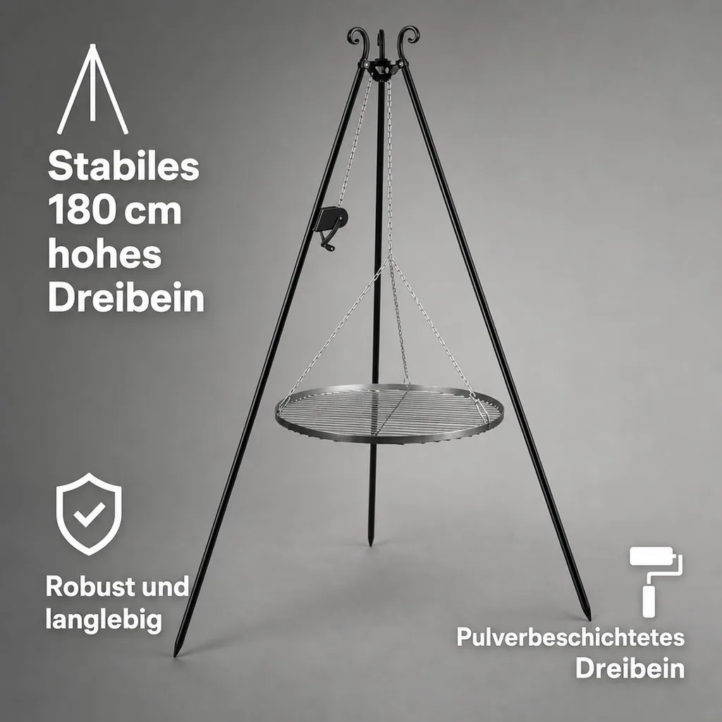 Schwenkgrill, Edelstahl Grillrost, 80 cm, mit Dreibein und Kurbel