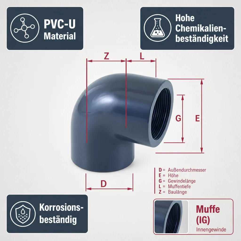 PVC Winkel 2 Zoll, 90 Grad, PVC-U Winkel Muffe, 63 mm, Klebefitting